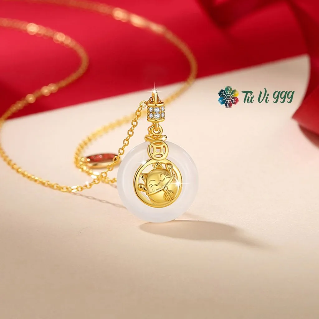 Dây Chuyền Bạc Đính Đá Chalcedony Mèo Thần Tài May Mắn